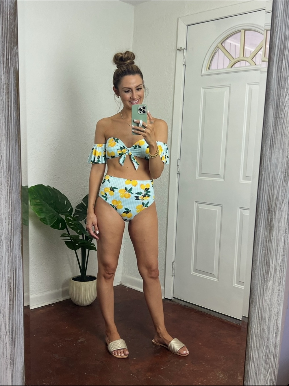 Aqua and Yellow Lemon on gingham Print high waisted Bikini Set. Off shoulder.